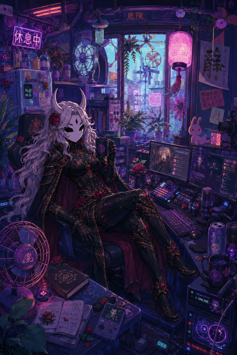 Teledra, the porcelain-faced queen, enthroned in her neon cyber study